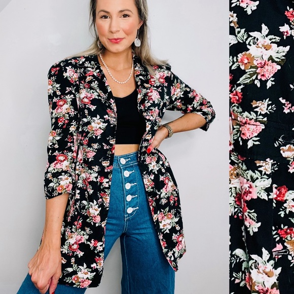 VINTAGE Floral Pink Retro Print Black Collared Blazer Duster Coat Jacket - Picture 1 of 7